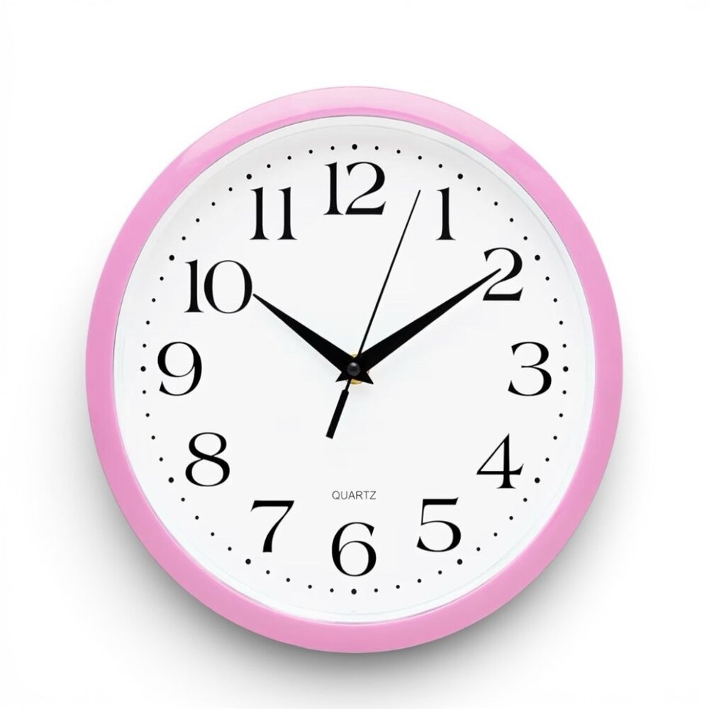 Non Ticking 10 Inch Round Wall Clock Quartz Battery Operated Light Pink White